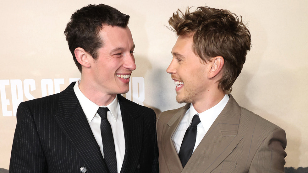 Callum Turner and Austin Butler attend the Apple TV+ “Masters of the Air” premiere event at the Regency Village Theatre on January 10, 2024 in Los Angeles, California. “Masters of the Air” will make its global debut on Apple TV+ on Friday, January 26, 2024.