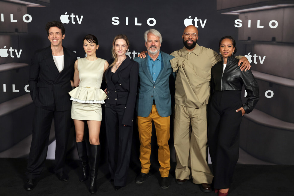 Ashley Zukerman, Jessica Henwick, Rebecca Ferguson, Graham Yost, Common and Alexandria Riley attend the official photo call for season three of the Apple TV series “Silo” in Los Angeles. The acclaimed world-building drama returns globally on Apple TV with the first episode on Friday, July 3, 2026, followed by one new episode every Friday through September 4, 2026.