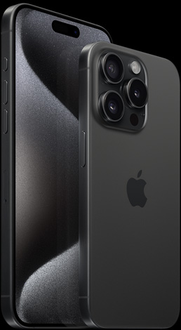 黑色鈦金屬的 6.7 吋 iPhone 15 Pro Max 正面圖與 6.1 吋 iPhone 15 Pro 背面圖。