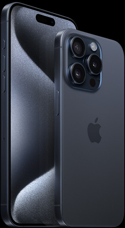 藍色鈦金屬的 6.7 吋 iPhone 15 Pro Max 正面圖與 6.1 吋 iPhone 15 Pro 的背面圖。