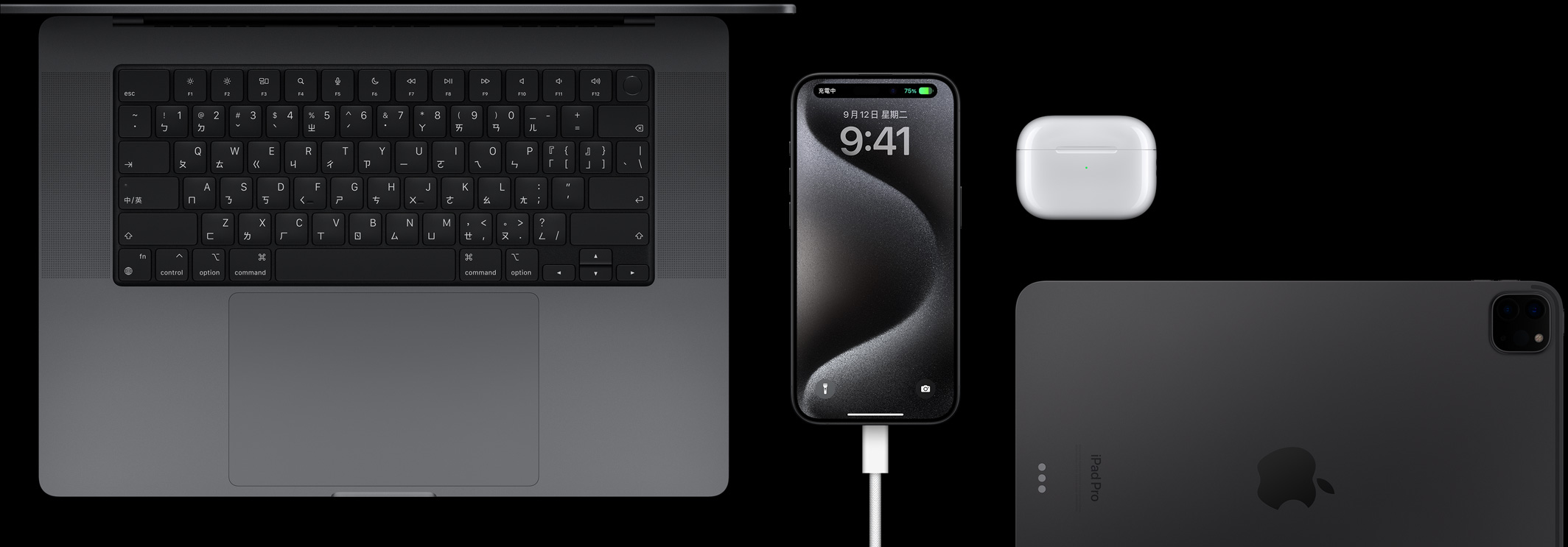 插著 USB-C 連接線的 iPhone 15 Pro，周圍有 Macbook Pro、AirPods Pro 和 iPad。