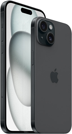 黑色 6.7 吋 iPhone 15 Plus 的正面圖與黑色 6.1 吋 iPhone 15 的背面圖。