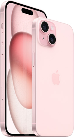 粉紅色 6.7 吋 iPhone 15 Plus 的正面圖與粉紅色 6.1 吋 iPhone 15 的背面圖。