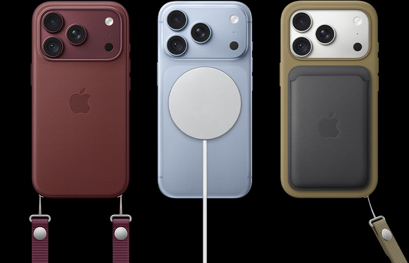由左至右依序為：iPhone 18 Pro 搭配勃根地紅色皮革保護殼和勃根地紅色斜背掛繩，中間為冰川藍色 iPhone 18 Pro 搭配白色 MagSafe 充電器，右側為銀色 iPhone 18 Pro 搭配綠色手機保護殼、黑色皮革卡套並繫上腕帶。