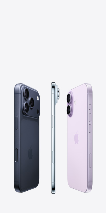 iPhone 17 Pro 機身背面，展示橫跨機身上方的 Pro 融合相機系統；iPhone Air，展示超纖薄的鈦金屬機身側面；iPhone 17 機身背面，展示左上角的先進雙相機系統