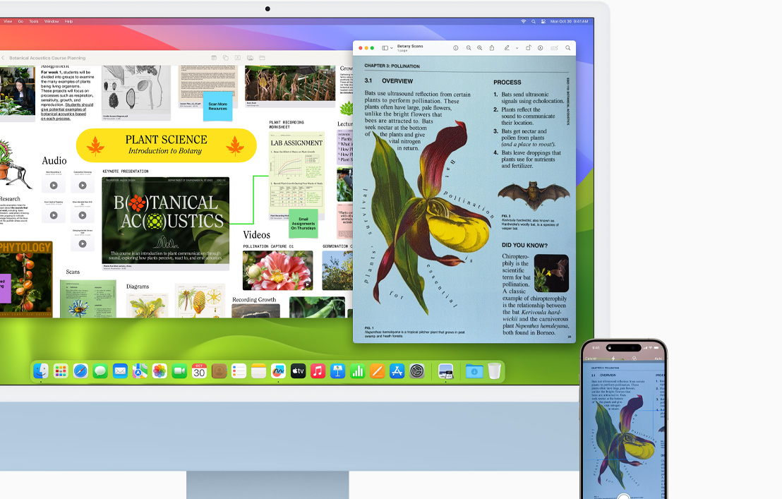 畫面展示 iPhone 15 掃描的文件同時出現在 iMac 與 iPhone 上。