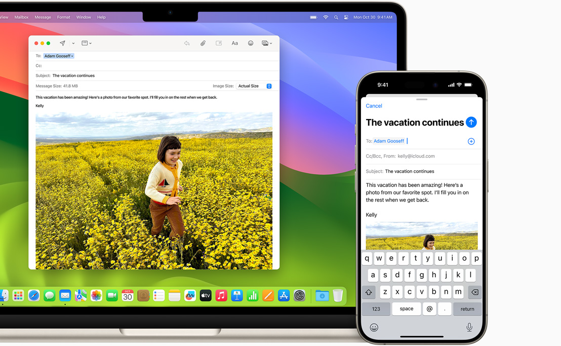 畫面展示 13 吋 MacBook Air 與 iPhone 15 打開同一封電子郵件。