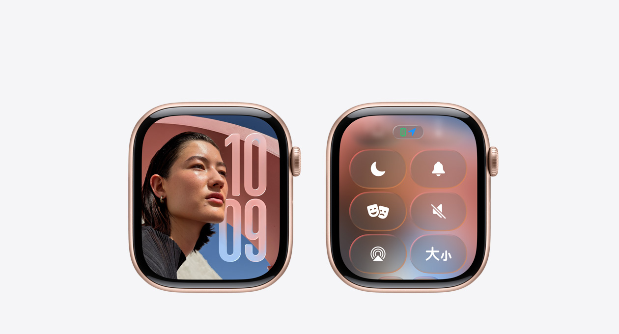 未搭配錶帶的玫瑰金色 Apple Watch。錶面的時鐘 app 展示 watchOS 26 全新的 Liquid Glass 設計