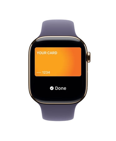 Apple Watch Series 11, титановий корпус золотистого кольору, показано екран Apple Pay, з правого боку на годиннику розташовано коронку Digital Crown, спортивний ремінець кольору «пурпуровий туман»