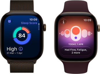 Два пристрої Apple Watch Series 12: алюмінієвий корпус темно-бронзового кольору, кругова діаграма оцінки сну, коронка Digital Crown, міланський сітчастий браслет темно-бронзового кольору, алюмінієвий корпус світло-золотистого кольору, додаток «Відстеження циклу», спортивний ремінець бордового кольору