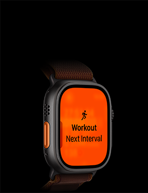 Apple Watch Ultra 4, титановий корпус чорного кольору, тренування з бігу, наступний інтервал, лівий бік корпусу, помаранчева кнопка дії, браслет Alpine