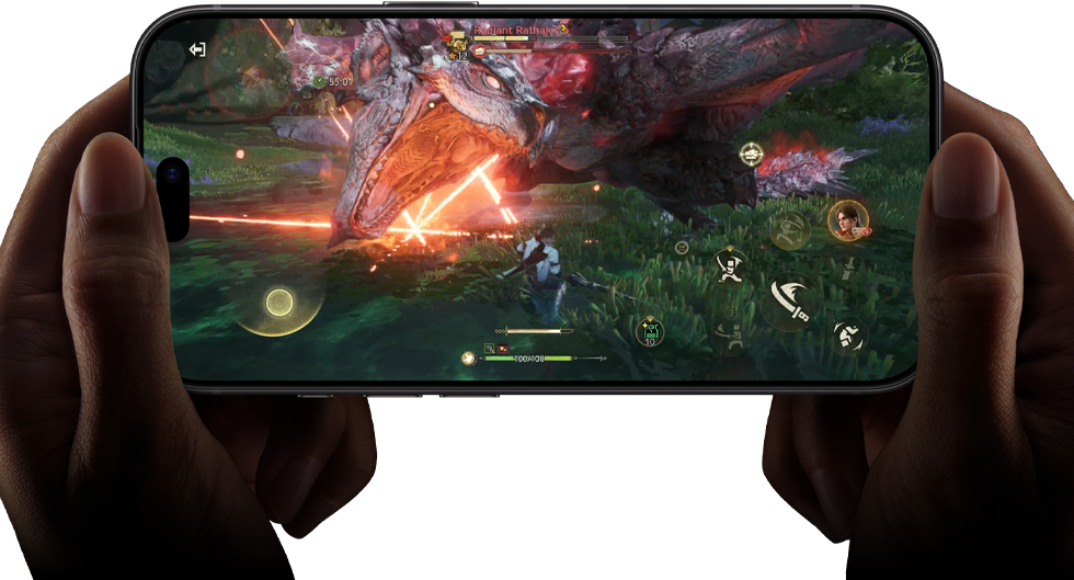 iPhone 18 Pro, вид спереду, демонстрація можливостей чипа A20 Pro зі сценою відеогри Monster Hunter Outlanders