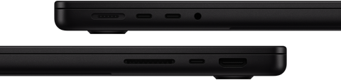 Показано порти на MacBook Pro — ліворуч: MagSafe 3, два порти Thunderbolt і порт для навушників — праворуч: слот для карт SDXC, один порт Thunderbolt і HDMI