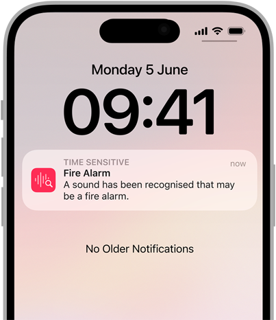 Sound Recognition alert for a Fire Alarm on iPhone.