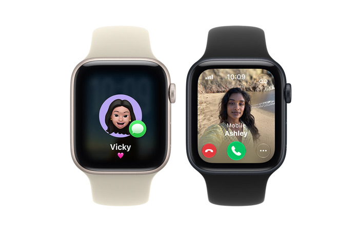 Apple Watch SE 3 devices, aluminum cases, starlight and midnight colors, screens show memoji, incoming call, right side exterior, Digital Crown dial, Sport Bands, sand (pale tan) and black colors