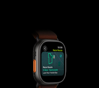 Apple Watch Ultra 4, titanium case, black colour, Race Route feature with a map of a running route, left side exterior, Action button, Alpine Loop strap, burgundy colour