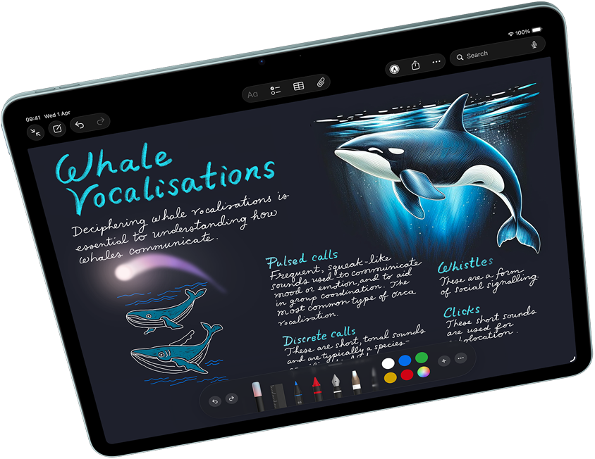 Landscape view of iPad Air showcasing Apple Intelligence with Image Playground, Keynote and Apple Pencil Pro