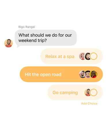 Close-up of new polls feature in Messages with people in the group chat voting for where to take a weekend trip