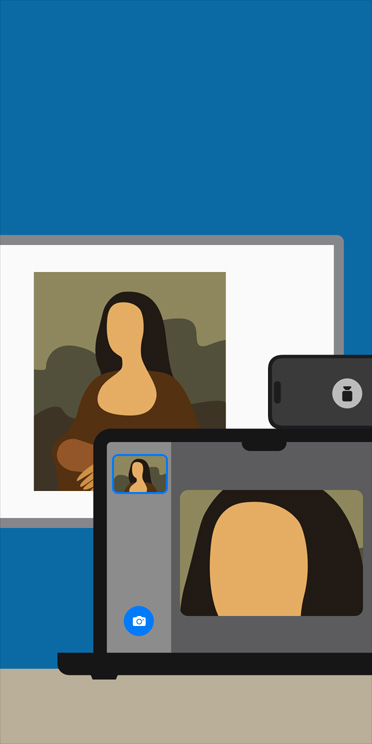 Ilustración animada de la app Lupa en la pantalla de una MacBook haciendo zoom en una imagen de la Mona Lisa que se muestra en la pizarra de un salón de clases