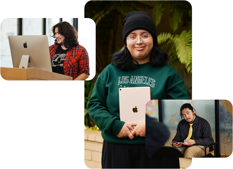 Tres fotos de estudiantes del programa Exceptional Minds: uno trabaja con una computadora Mac, otra sostiene un iPad con la parte posterior hacia el frente y el tercer estudiante dibuja en el iPad un modelo con el Apple Pencil