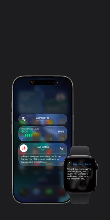iPhone 17 Pro-scherm met een actieve Live Luisteren-sessie met bijschrift voor de vastgelegde audio en Apple Watch Series 11-scherm met Live Bijschriften van dezelfde vastgelegde audio