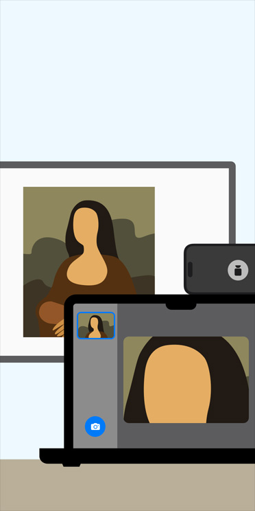 Animatie van de Vergrootglas-app op een MacBook-scherm die inzoomt op een afbeelding van de Mona Lisa op een whiteboard in een klaslokaal