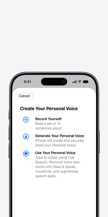개인 음성 기능에서 개인 음성 만드는 방법 안내문을 보여주는 iPhone 17 Pro 화면