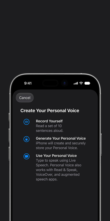 개인 음성 기능에서 개인 음성 만드는 방법 안내문을 보여주는 iPhone 17 Pro 화면