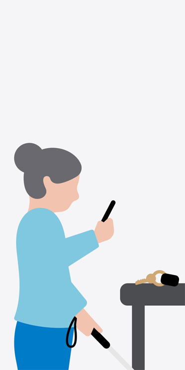 Illustrazione di una donna in piedi e di profilo con un bastone bianco in mano, che punta un iPhone verso un mazzo di chiavi su un tavolo di fronte a sé
