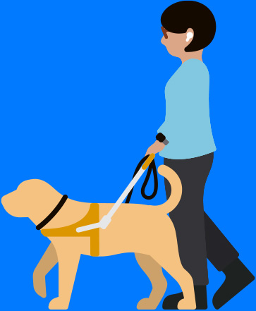 Woman with low vision wearing AirPods and walking with service dog