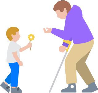 Egy mozgást segítő eszközt használó férfi fényképet készít egy kisgyerekről, aki egy szál virágot tart a kezében.