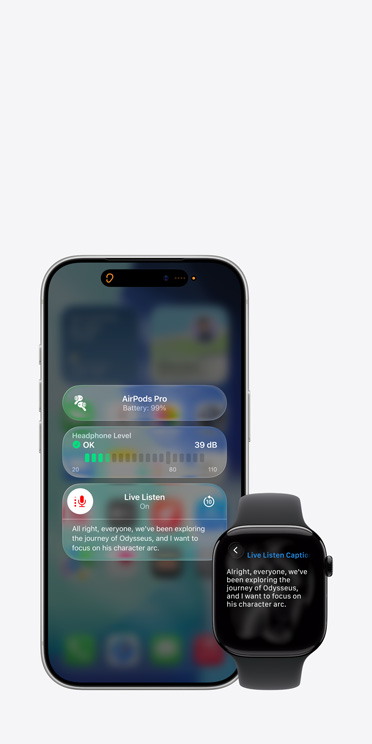 Ekran iPhone’a 17 Pro przedstawiający aktywną sesję Live Listen z napisami do wychwyconego dźwięku oraz ekran Apple Watch Series 11 przedstawiający Napisy na żywo do tego samego dźwięku