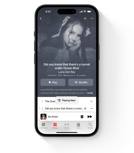 iPhone showing Apple Music UI featuring Lana Del Rey