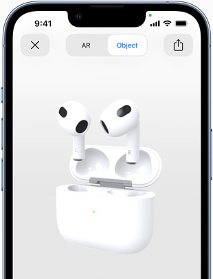 Layar menunjukkan AirPods (generasi ke-3) ditampilkan dalam augmented reality di iPhone.