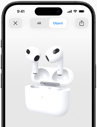 Ekranas, kuriame rodomos „AirPods“ (trečios kartos) „iPhone“ papildytoje realybėje.