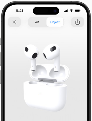 Ecrã a mostrar os AirPods (3.ª geração) em realidade aumentada no iPhone.
