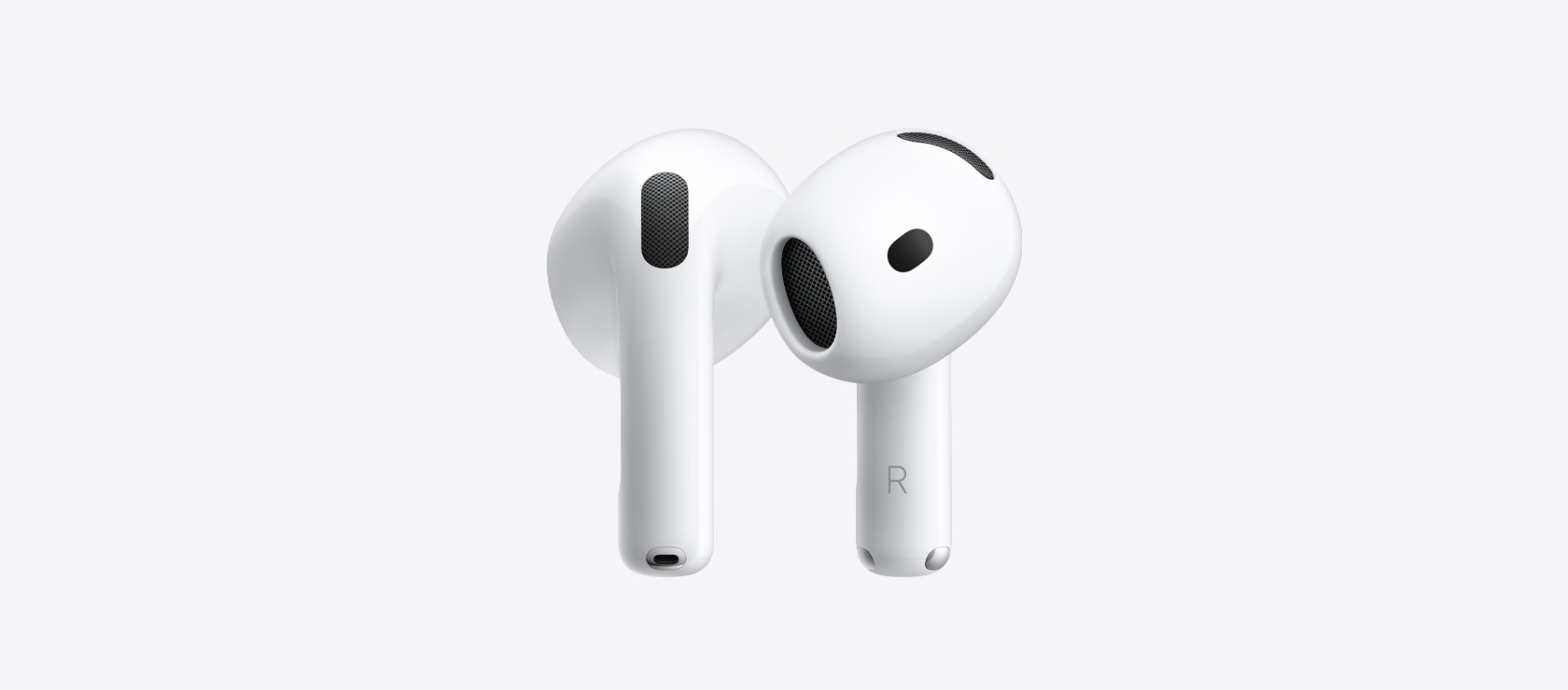 AirPods 5: wireless earbuds, white color, oval-shaped, ear tip with interior acoustic speaker mesh, short stem with silver charging connector, left and right letter indicators