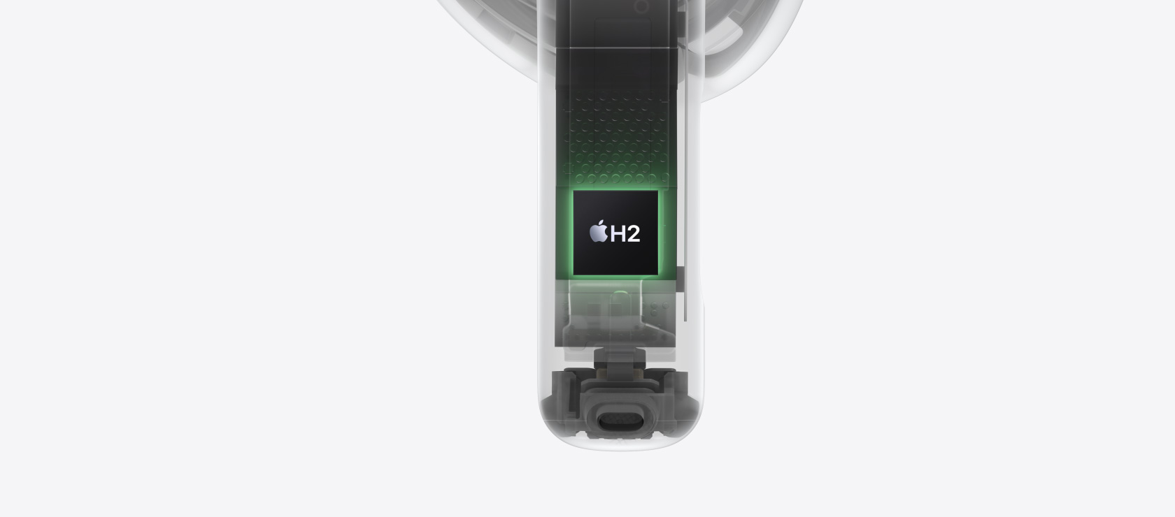 AirPods 5 internal architecture, H2 chip highlighted inside the stem.
