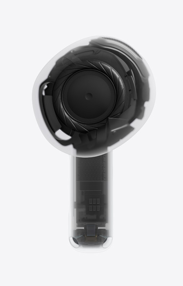 AirPods 5, earbud, single stem, clear, internal architecture