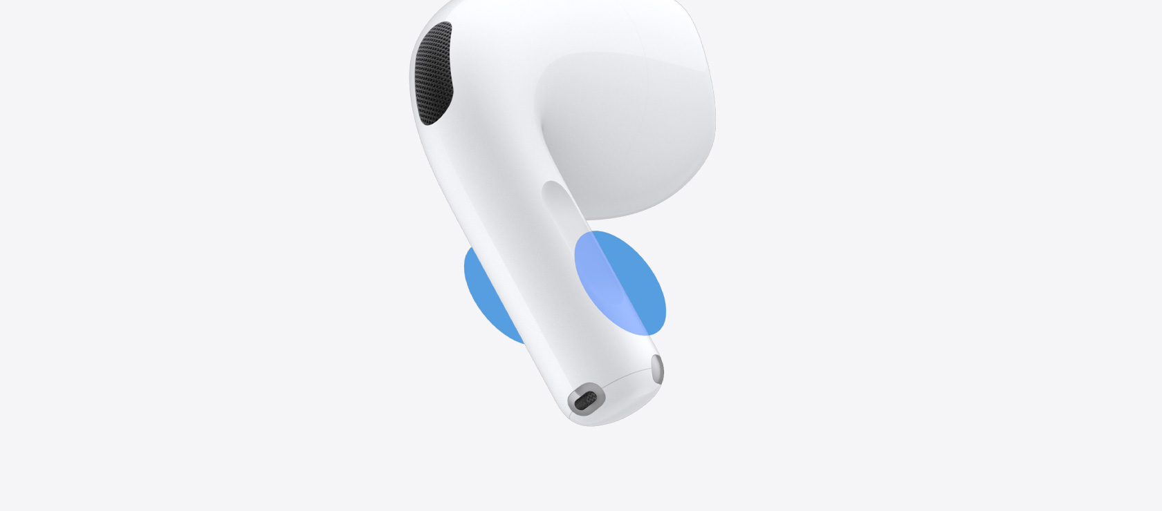 AirPods 5，藍色圓點標示耳筒柄上輕掃控制音量的位置