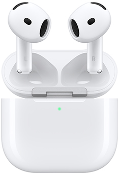 AirPods 5：白色，橢圓形耳筒、短耳筒柄、無線充電盒、無縫結構及揚聲器開口，外部有 LED 電源指示燈，盒蓋打開，以銀色鉸位連接