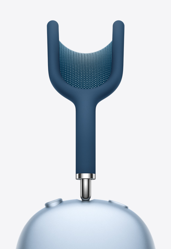 Mesh of canopy taut between curved Y-shaped canopy, flowing into a stemmed arm that connects to the ear cups of AirPods Max in Sky Blue.