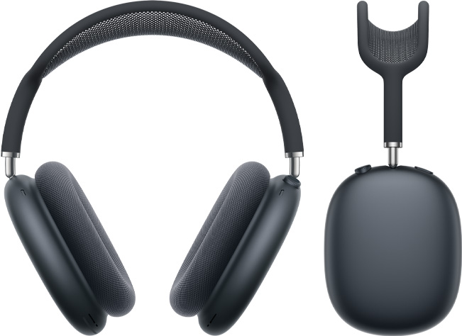 AirPods Max สีมิดไนท์ที่ถ่ายจากด้านหน้าและจากด้านข้าง