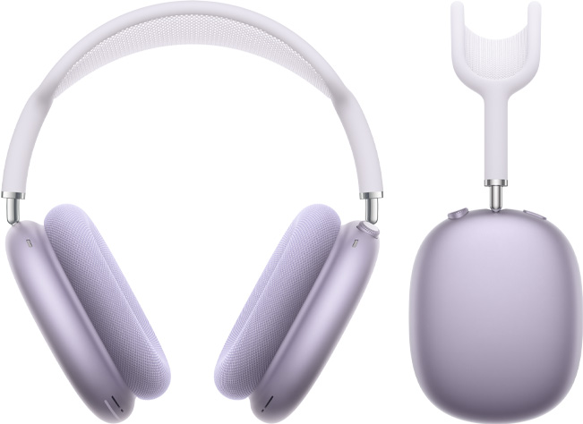 AirPods Max สีม่วงที่ถ่ายจากด้านหน้าและจากด้านข้าง
