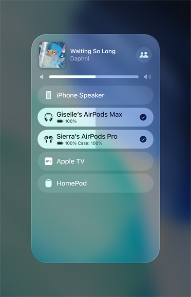 AirPlay screen on iPhone showing how to easily share an audio stream between two sets of AirPods