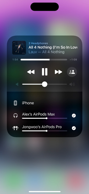 iPhone screen displays two sets of AirPods listening to “All for Nothing (I’m So in Love)” by Lauv.