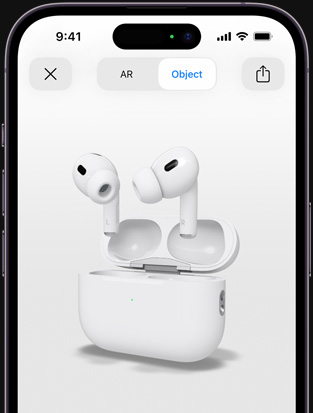 iPhone screen shows augmented reality rendering of AirPods Pro.