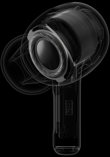 以 X 光效果展示 AirPods Pro，重點透視出位於耳塞揚聲器附近的特製驅動器和擴音器。