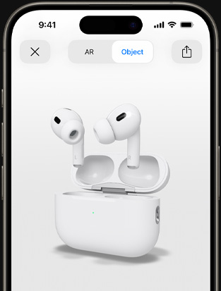 „iPhone“ ekranas, kuriame rodomas „AirPods Pro“ papildytos realybės perteikimas.