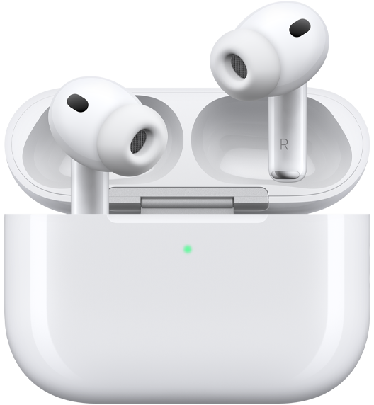 سماعات AirPods Pro 3 وعلبة شحن MagSafe ‏(USB‑C‎)، علبة خارجية مدوّرة، مؤشر طاقة LED، غطاء العلبة مفتوح، لون أبيض، سماعات رأس لاسلكية مع رؤوس من السيليكون، الجزء الداخلي من الجذع يظهر عليه الحرفان L وR‏